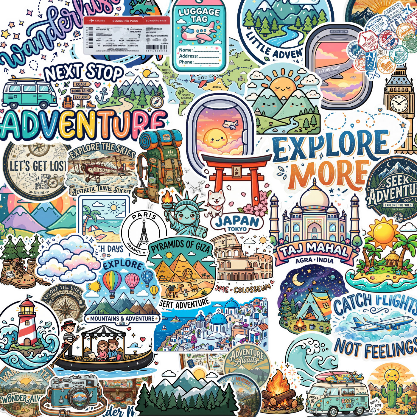 51pcs Travel Sticker Pack – Waterproof Vinyl Decals for Luggage & Hydroflasks