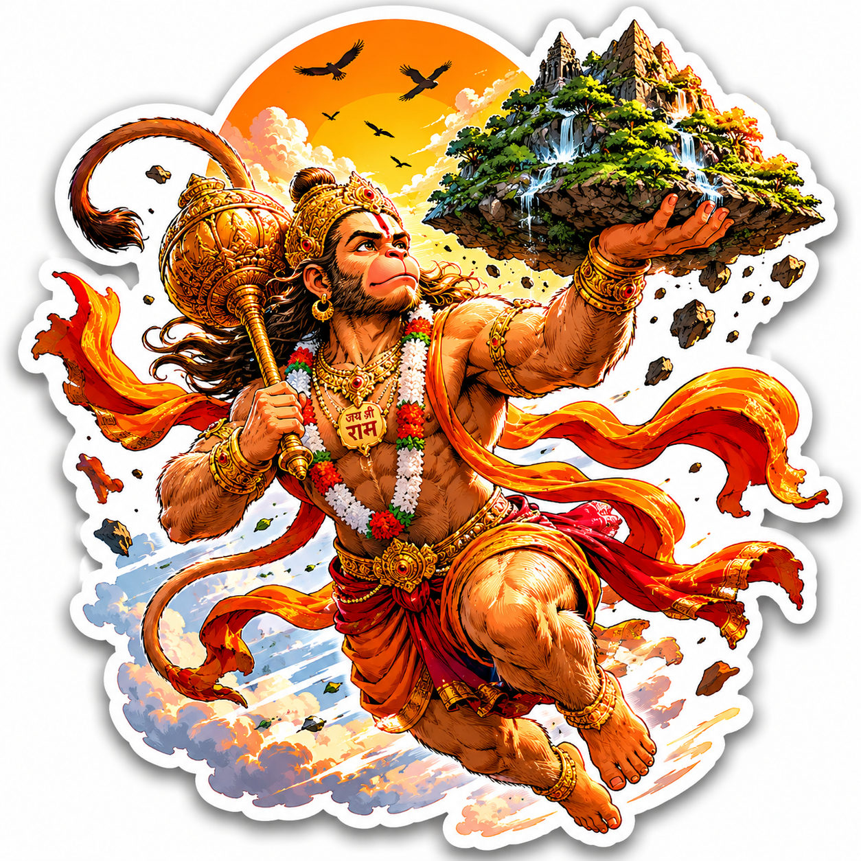 Hanuman Carrying the Sanjeevani Mountain Sticker – Divine Strength & Devotion Vinyl Decal