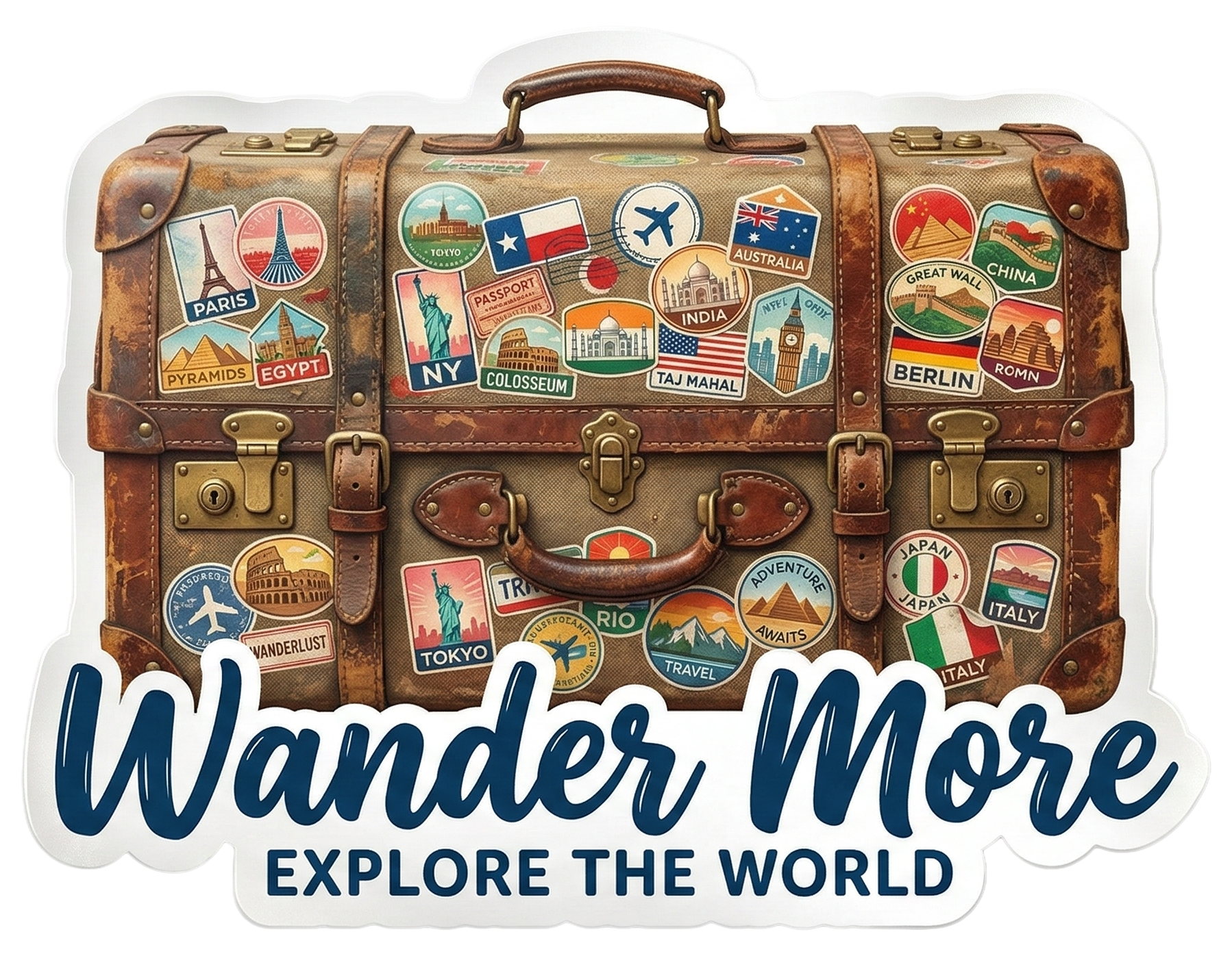 Wander More – Vintage Travel Suitcase Adventure Sticker